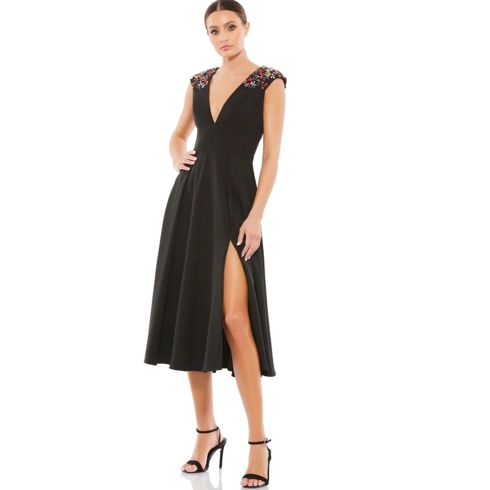 NWT Mac Duggal 55690 Black Beaded Cap Sleeve A-Line Tea Length Midi Dress SZ 2